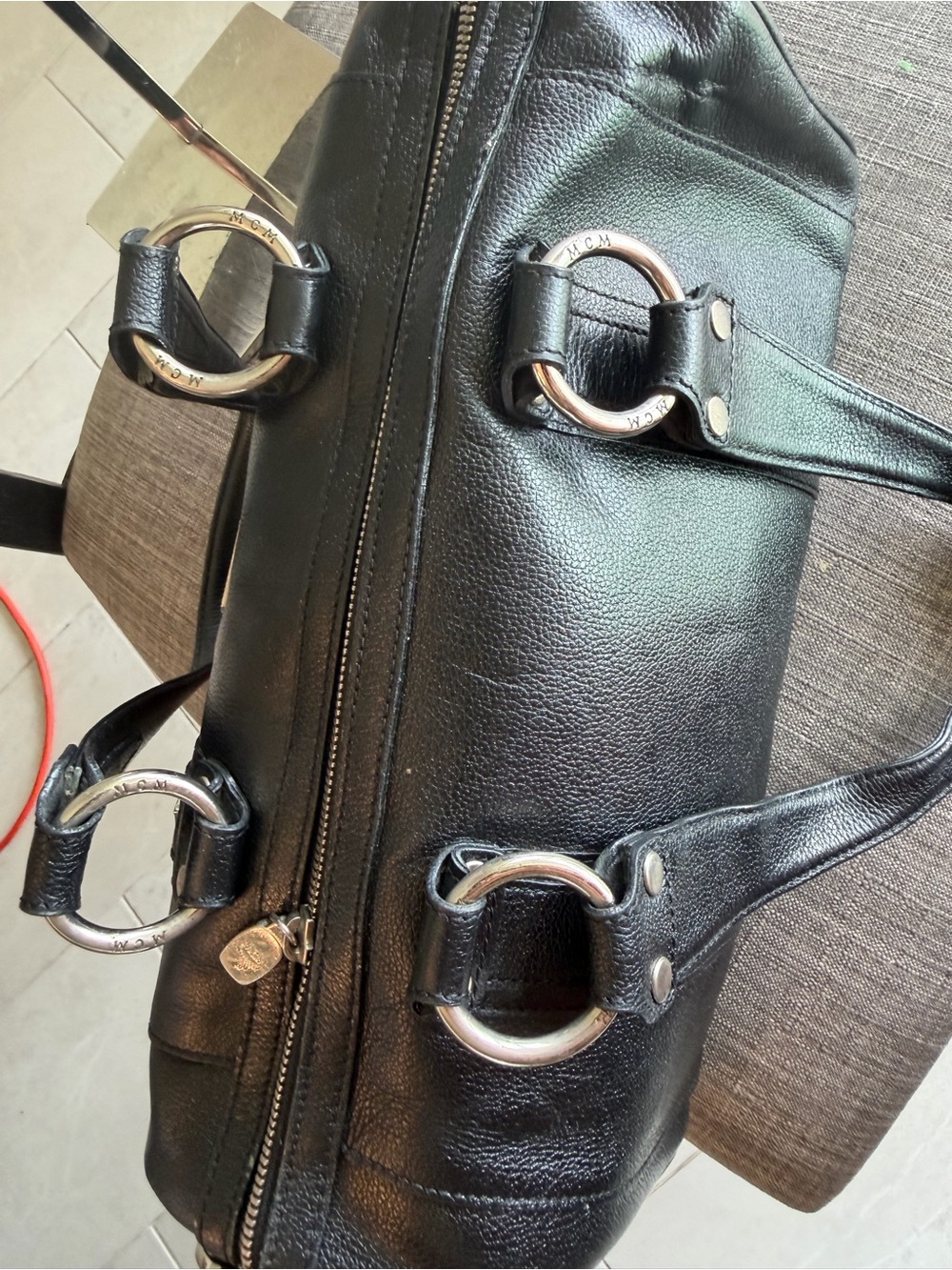 MCM Black Leather Barrel Shoulder Bag with Silver Accents - Picture 10 of 12